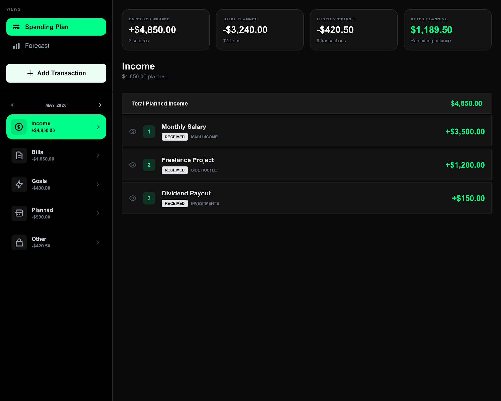 Trackli spending plan showing planned income, bills, goals, and the remaining balance after planning